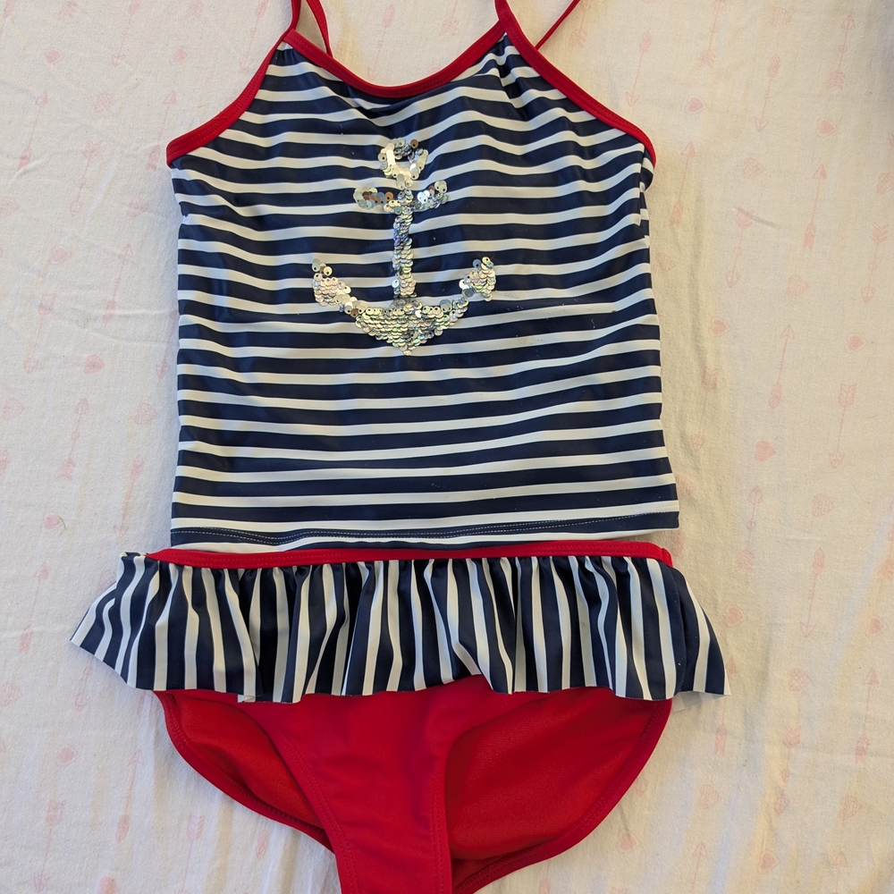 Magic Navy and White Striped Kids Swim One Piece